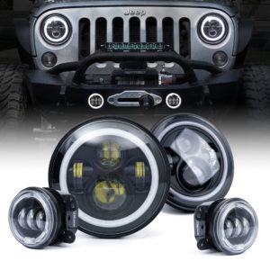 Xprite 7" 80W CREE LED Headlights & Fog Lights Combo With Halo For 2007-2018 Jeep Wrangler JK